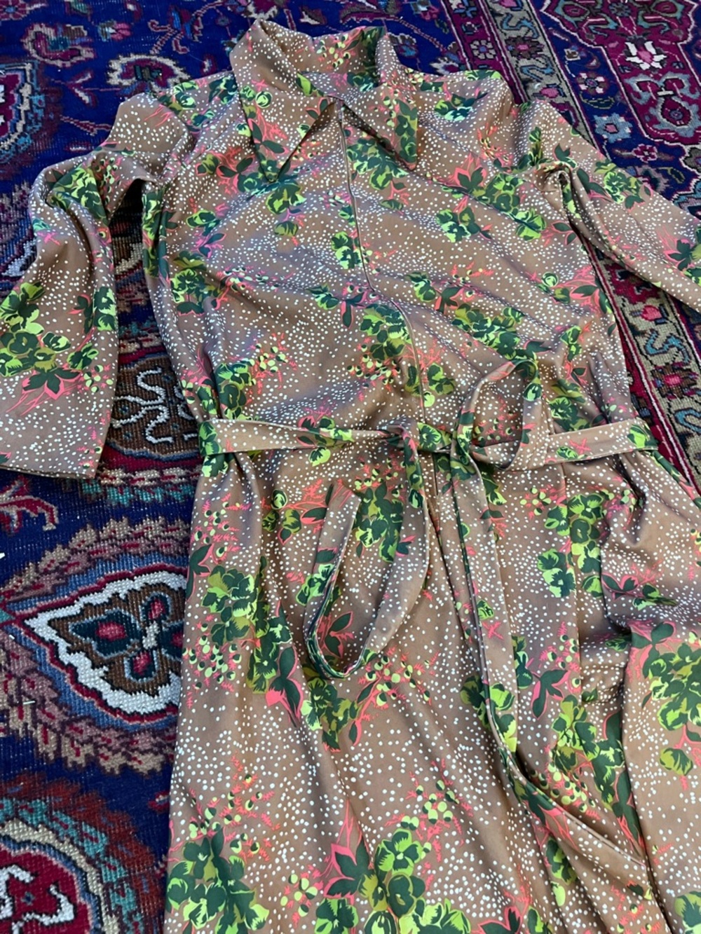 70s Style Long Sleeve Floral Maxi Duster Dress | Kelly Green Pink